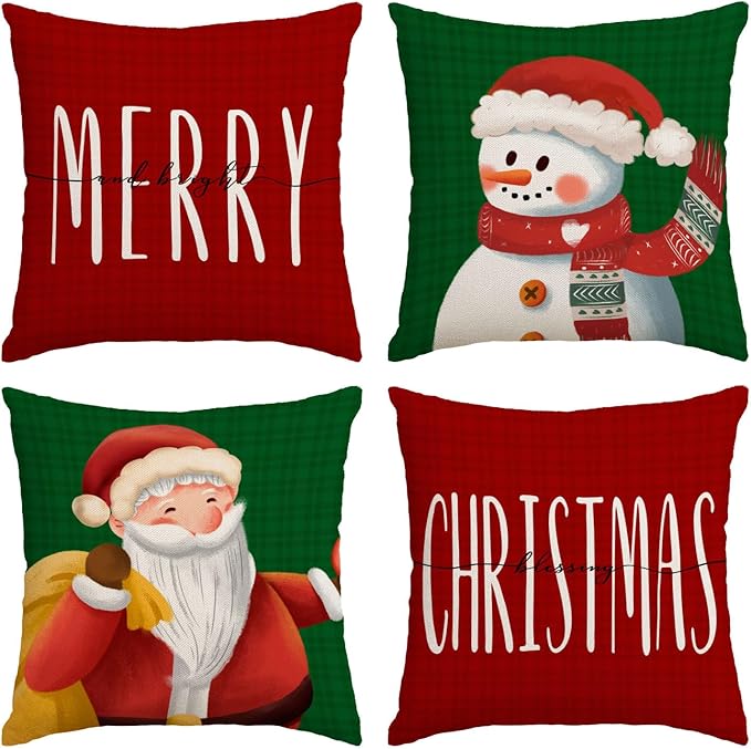 Merry Christmas Pillow Covers 16x16 Set of 4 Red Green Xmas Throw Pillow Covers Winter Holiday Pillow Covers Pillow Cases Home Outdoor Sofa Couch Cushion Covers for New Year(16 by 16)