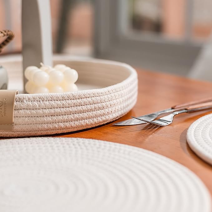 Art PineCone's Woven Cotton Rope Round Placemats Set of 4 with Holder Included, Non-Slip, and Heat Resistant Shabby Chic Placemats (Off White, 13 inches, 6PC)