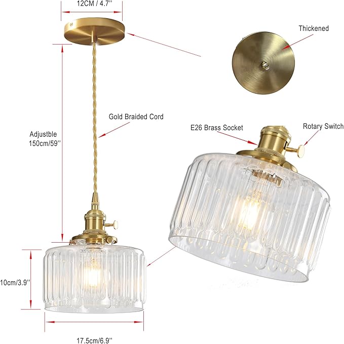 Vintage Pendant Light Fixtures, Brass Socket with ON/Off Switch and Green Glass Lamp Shade Pendant Light for Kitchen Island Farmhouse Living Room (Transparent,Striped)