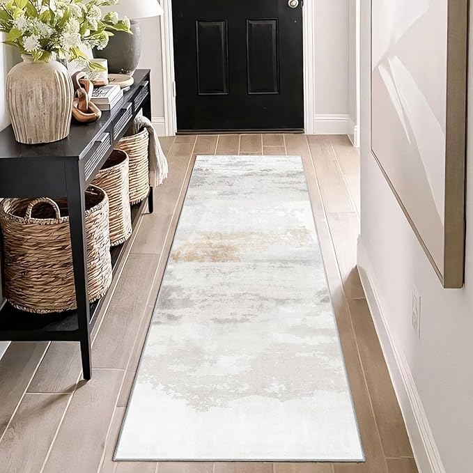 Enkor Runner Rugs for Hallway, 2x6 Washable Soft Non Slip Abstract Rugs for Kitchen, Modern Mat for Entryway Living Room Bedroom Brown & Grey