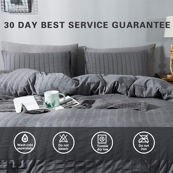 AveLom Dark Gray Duvet Cover Twin Size (68 x 90 inches)，2 Pieces (1 Duvet Cover, 1 Pillow Case) Stripe Textured Soft Washed Microfiber Grey Duvet Cover with Zipper Closure Corner Ties