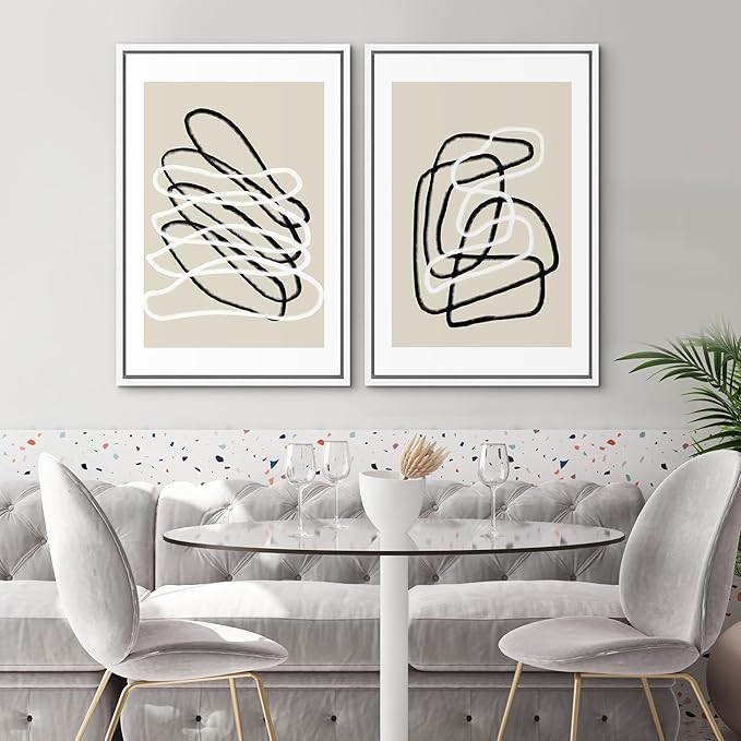SIGNWIN Framed Wall Art Print Set Black and White Lines Tangled Tan Background Abstract Swirly Cozy Neutral Modern Art Mid-Century Modern Expressive for Living Room, Bedroom, Office - 16"x24"x2 White