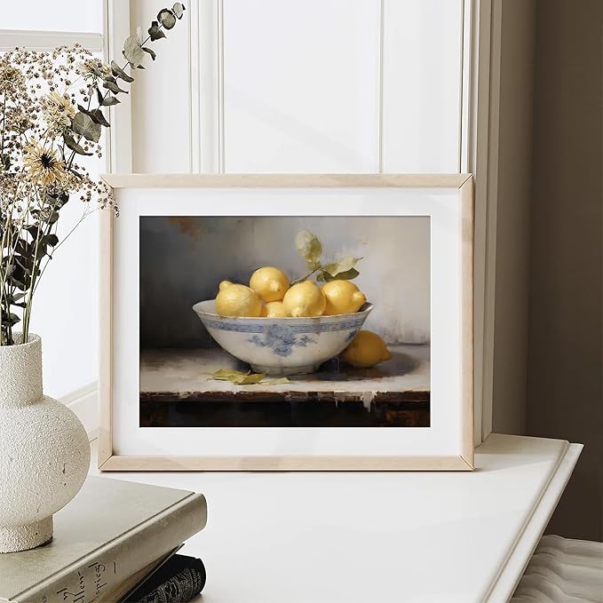 XOCUUI Farmhouse Still Life Picture Living Room Warm Moody Muted Yellow Lemon Oil Painting Art Deco Wall Art For Kitchen Rustic Vintage Decor For Bedroom Antique French Poster 8 X 10 Unframe