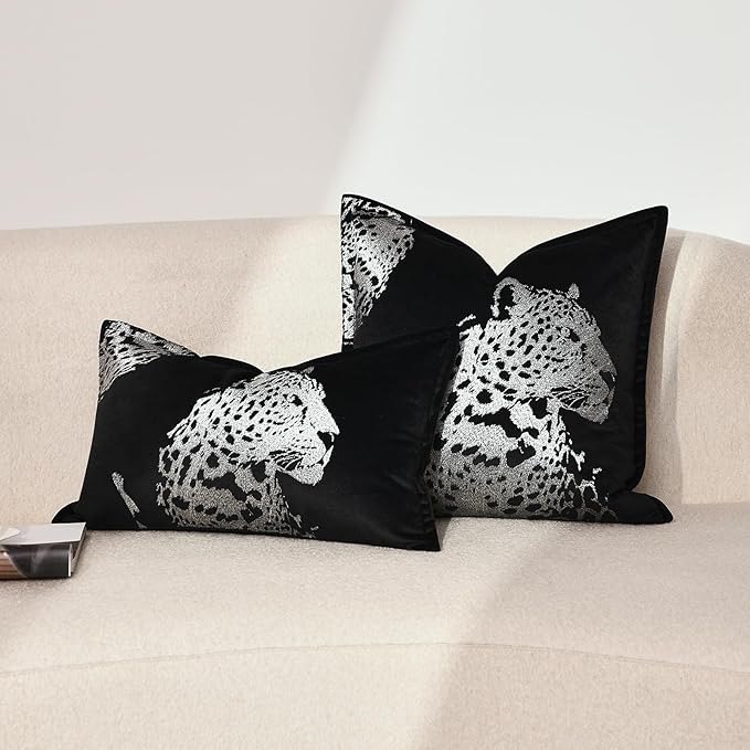 Decorative Lumbar Throw Pillow Cover 12x20'' inch, New Upgrade Velvet Luxury Silver Cheetah Embroidered Long Pillowcase for Bed Couch Sofa Bedroom Living Room