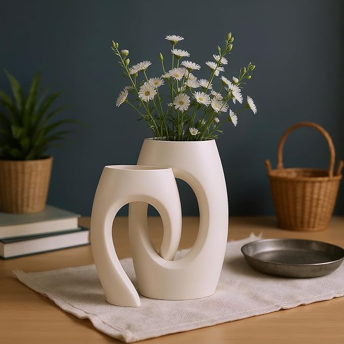 Ceramic Vase Set of 2, Minimalist Neutral Clay Vases for Modern Home Decor, Aesthetic Decorative Centerpieces for Living Room, Bedroom, or Entryway
