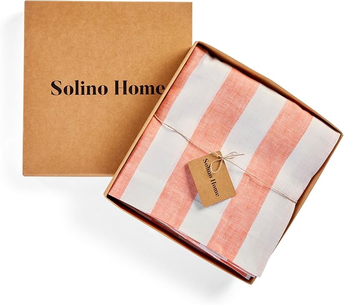 Solino Home Linen Striped Tablecloth 60 x 120 Inch - 100% Pure Linen Salmon and White Table Cloth for Rectangle Tables - Cabana Stripe, Machine Washable Tablecloth