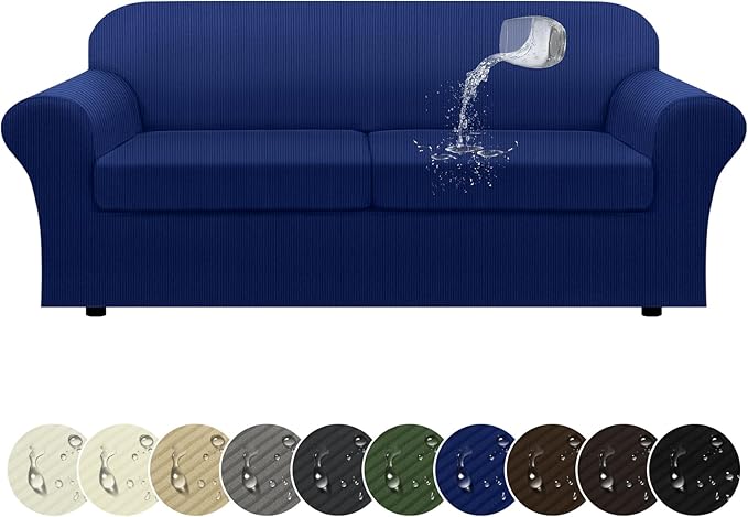 100% WaterproofCouch Cover 3-Piece Set Striped Sofa Slipcovers for 2 Cushion Couch Sofa Covers with TPU Leakproof Bottom Stretch Couch Protector Pet Proof - Sofa(2-Cushion), Navy