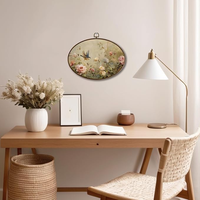 JQF Vintage Bird Floral Oval Wall Decor, Rustic Cottagecore Floral Oval Canvas Wall Art, Rustic Farmhouse Bird Flower Botanical Framed Prints Hanging Decor for Home Bedroom Living Room, 11.5x8.5 Inch