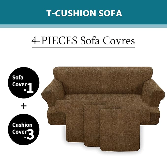 4 Piece T Cushion Sofa Slipcovers Stretch Couch Cover Furniture Covers with 3 Individual T Cushion Covers, Machine Washable for Living Room (Chocolate, 3 Cushions)