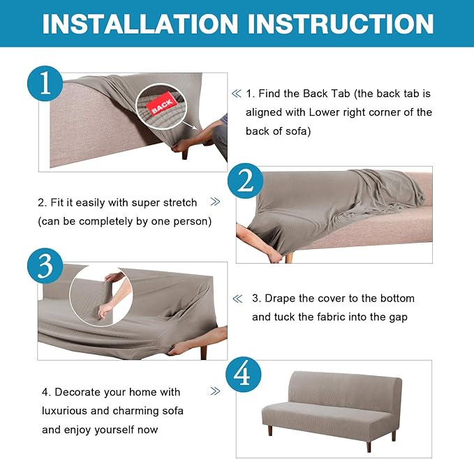 Flamingo P Stretch Armless Futon Cover - Full Queen Couch Slipcover, Sofa Bed Protector With Elastic Bottom - Soft Thick Jacquard, Taupe
