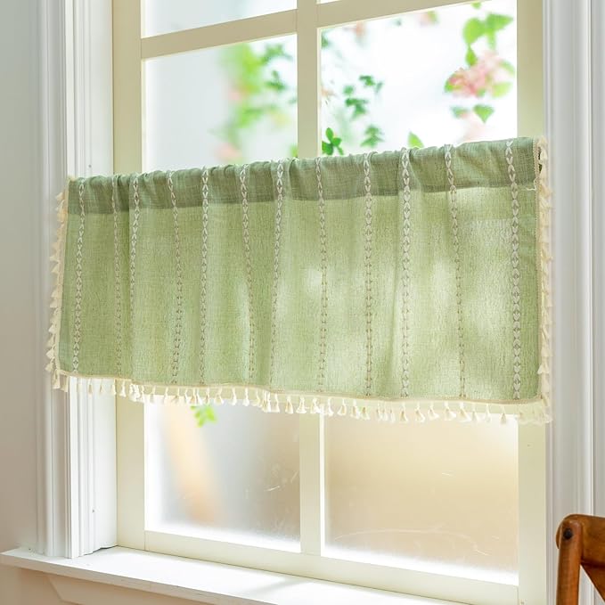 Sutuo Home Boho Short Valance Curtains with Tassles, Bohemian Linen Light Filtering Vintage French Country Christmas Window Treatment Embroidery Drape, Rod Pocket 1 Panel 52" W x 18" L, Sage Green