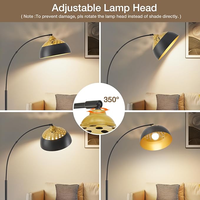 Luvkczc Arc Floor Lamps for Living Room, Black Standing Lamp with Adjustable Hanging Metal Hollow Shade, 71" Tall Pole Lamp with Foot Switch, Over Couch Arched Reading Light for Bedroom, Office