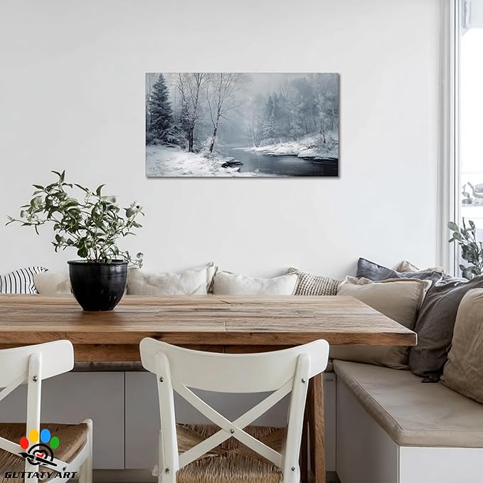 GUTTATY Christmas Winter Scene Canvas Wall Art, Snowy River Landscape Canvas Prints, Frosted Forest Picture Wall Decor Artwork for Living Room, Bedroom, Holiday Season Decoration, 40x20 Inch