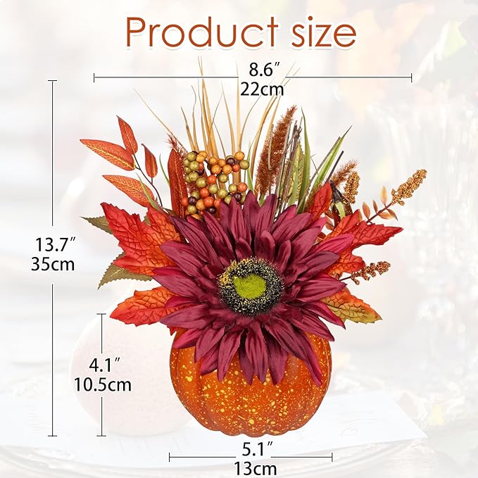 Artificial Pumpkin Floral Arrangement with Burgundy Sunflowers & Autumn Leaves – Fall Table Centerpiece for Thanksgiving, Halloween & Harvest Décor – Rustic Farmhouse Pumpkin Autumn Décor