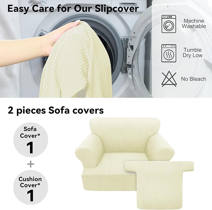 Waterproof Chair Cover with Arms 2-Piece Set Striped Slipcover for 1 Separate T Cushion Couch - TPU Fabric Armchair Covers Leakproof Couch Protector for Kids, Pets(Chair, Beige)