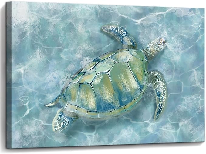 YJYart Bathroom Wall Decor Canvas Wall Art for Bedroom Sea Turtle Pictures Blue Coastal Room Decorations Artwork Green Turtle Wall Decorations 16” x 24”