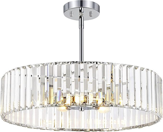Chrome Crystal Ceiling Light Fixture, Modern Semi Flush Chandelier, Round Hanging Lighting Chandeliers for Dining Room, Kitchen, Bedroom, 6-Light, 19.68 Inch