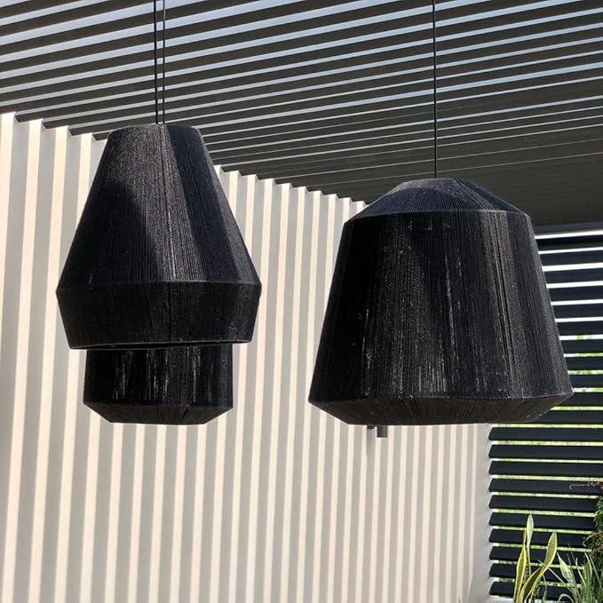 IKAL Black Jute Pendant Light Fixture - Semi Flush Mount - Contemporary Art Deco for Kitchen, Living Room, Bedroom, Outdoors. (Black Cable)