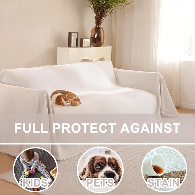 Chenille Herringbone Textured Sofa Cover for 2 Cushion Couch Throw Cover with Tassel Couch Cover for Dogs Washable Furniture Protector for Pets, Kid(Ivory White, Large, 71" x 118")