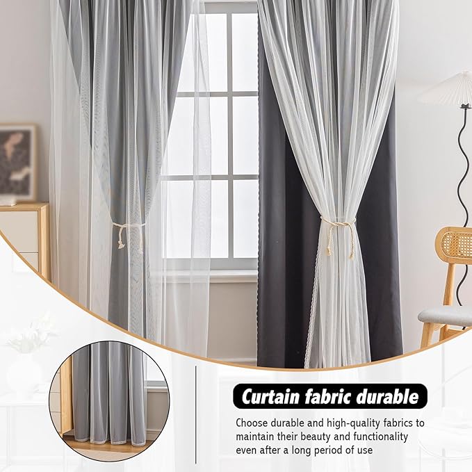 Anytime Home Curtains Blackout and Sheer Layered Solid Window Curtain Panel Pair with Grommet Top, 52Wx63L,Black