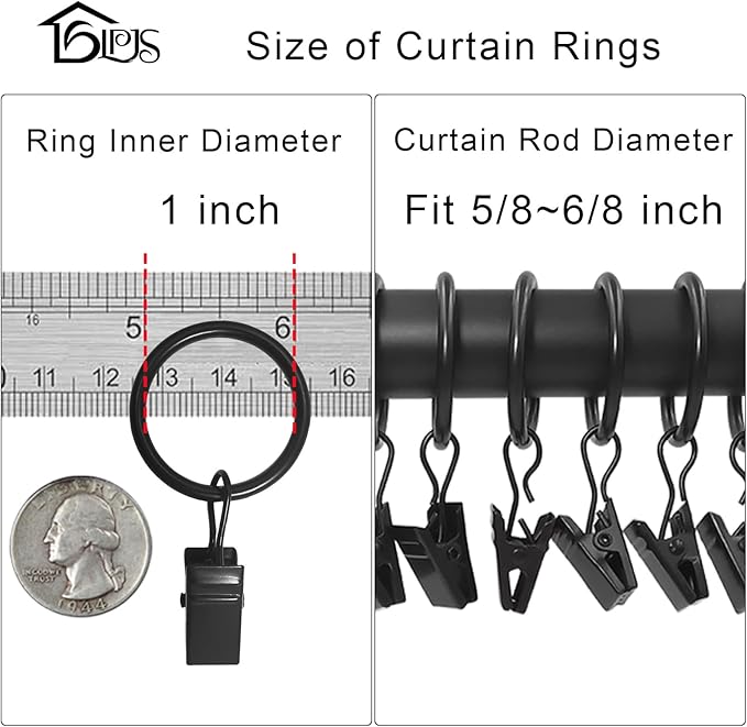 44 Pack Curtain Rings Hooks, Hanger Clips for Hanging Drapery Drapes Bows, 1 inch Interior Diameter, Fits up to 5/8" Rod, Black