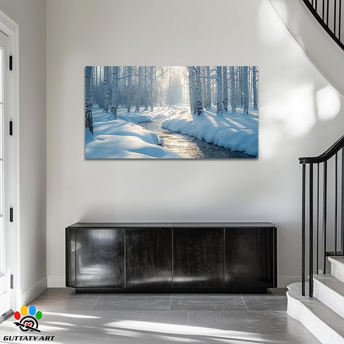 GUTTATY Christmas Winter Scene Canvas Wall Art, Birch Tree Snow Landscape Canvas Artwork, Serene Blue White Wall Decor Picture, Peaceful Nature Winter Poster for Living Room and Bedroom, 60x30 Inch