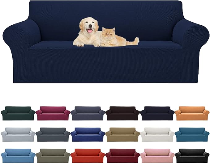 2025 New Stretch Sofa Slipcovers Couch Cover for 3 Cushion Furniture Protector Sofa Covers with Elastic Bottom Jacquard Fabric Small Checks for Pets, Kids -Sofa, Navy