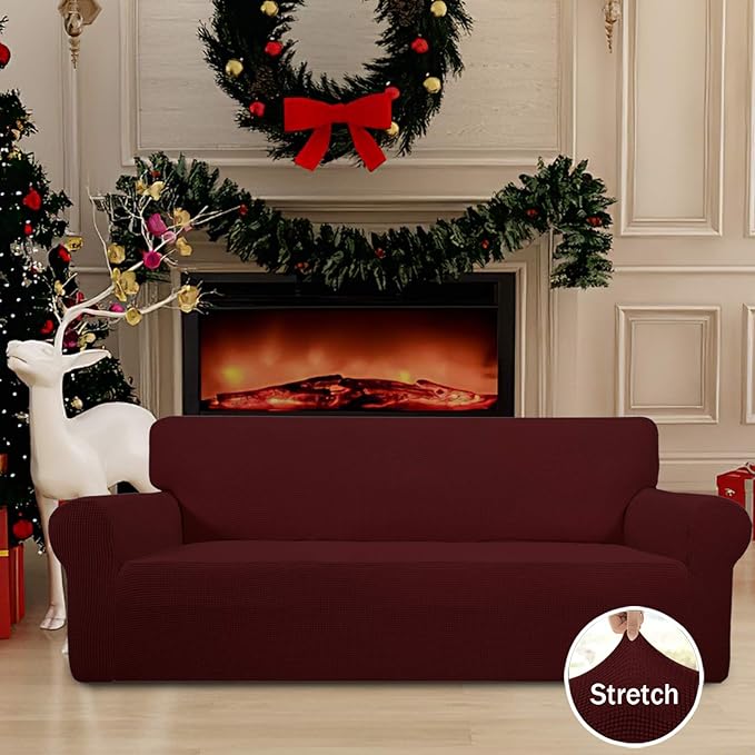 Easy-Going Stretch Oversized Sofa Slipcover 1-Piece Sofa Cover Furniture Protector Couch Soft with Elastic Bottom for Kids, Polyester Spandex Jacquard Fabric Small Checks Wine