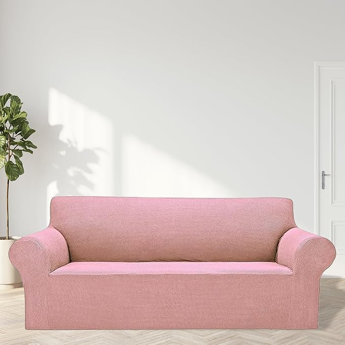 2025 New Stretch Sofa Slipcovers Couch Cover for 3 Cushion Furniture Protector Sofa Covers with Elastic Bottom Jacquard Fabric Small Checks for Pets, Kids -Sofa, Dusty Pink