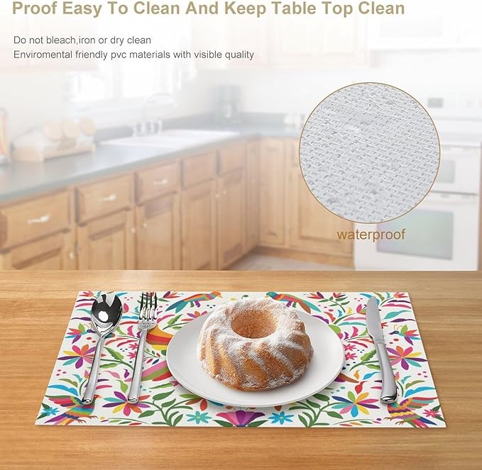 Mexican Placemat Set of 4, 12x18 Inch White Mexico Floral Fiesta Birds Talavera Dia De Los Muertos Day of The Dead Coffee Table Mats for Outdoor Kitchen Dining Table Decoration