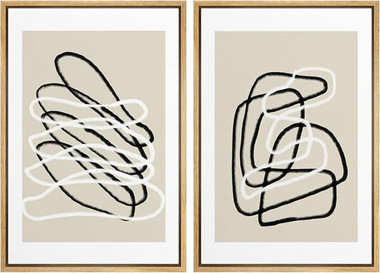 SIGNWIN Framed Wall Art Print Set Black and White Lines Tangled Tan Background Abstract Swirly Cozy Neutral Modern Art Mid-Century Modern Expressive for Living Room, Bedroom, Office - 16"x24"x2 Panels