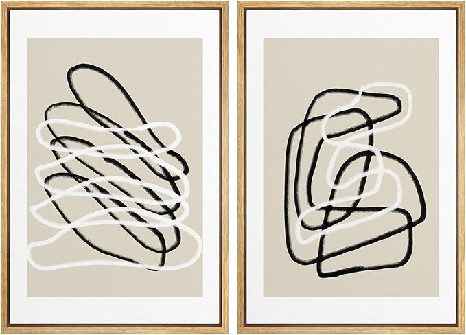 SIGNWIN Framed Wall Art Print Set Black and White Lines Tangled Tan Background Abstract Swirly Cozy Neutral Modern Art Mid-Century Modern Expressive for Living Room, Bedroom, Office - 24"x36"x2 Panels