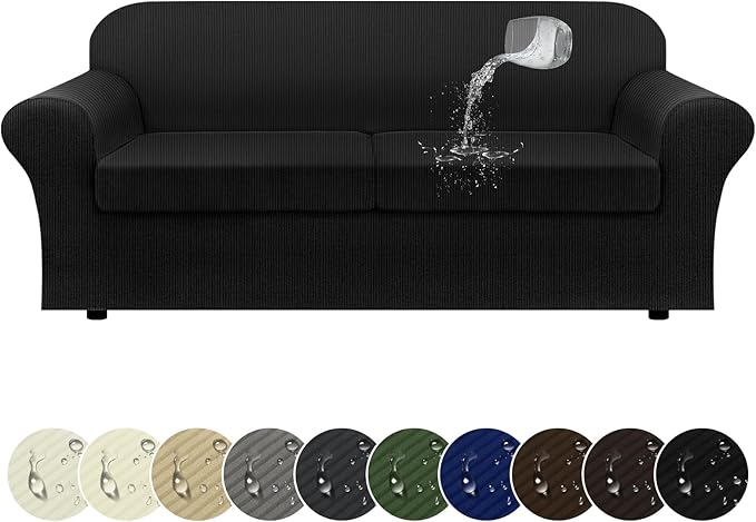 100% Waterproof Couch Cover 3-Piece Set Striped Sofa Slipcovers for 2 Cushion Couch Sofa Covers with TPU Leakproof Bottom Stretch Couch Protector Pet Proof - Sofa(2-Cushion), Black