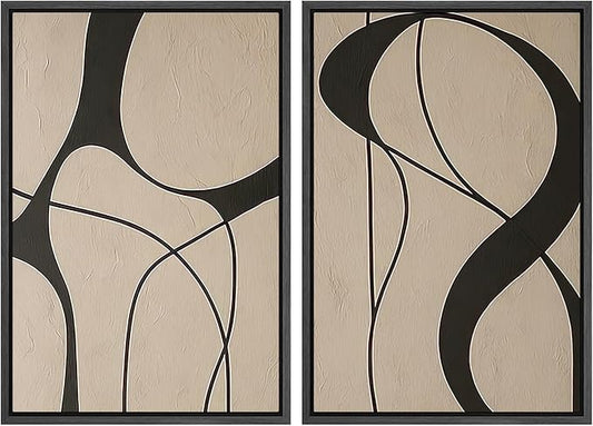 SIGNWIN Framed Canvas Print Wall Art Set Neutral Beige and Black Abstract Line Modern Minimalist Modern Art Minimal Boho Relax/Calm for Living Room, Bedroom, Office - 16"x24"x2 Black