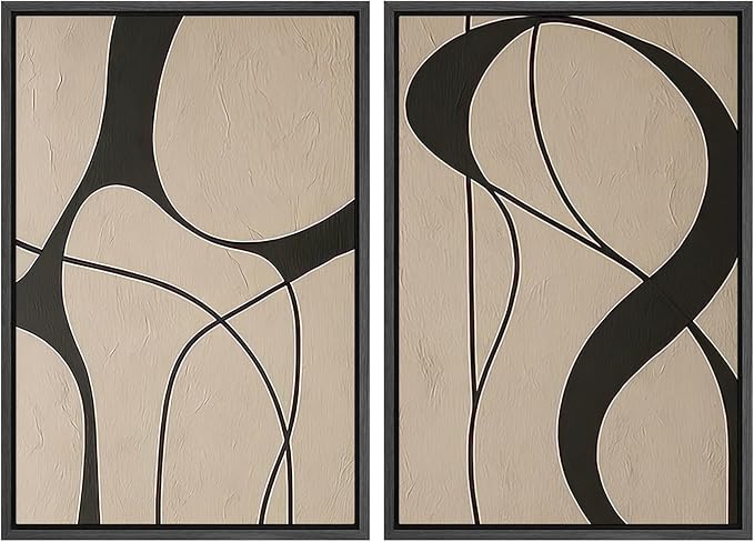SIGNWIN Framed Canvas Print Wall Art Set Neutral Beige and Black Abstract Line Modern Minimalist Modern Art Minimal Boho Relax/Calm for Living Room, Bedroom, Office - 24"x36"x2 Black
