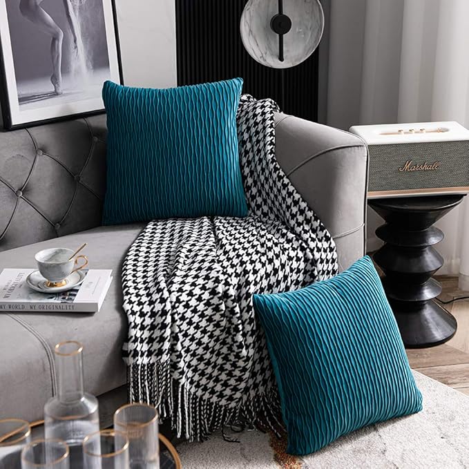 Turquoise Throw Pillow Cases 20x20: 2 Pack Inch Original Striped Velvet Square Decorative Pillow Covers for Farmhouse Couch