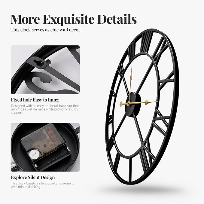 30 Inch Large Wall Clock, Modern Decorative Wall Clocks Silent Non Ticking Battery-Operated, Black Metal Round Clock for Living Room Kitchen Office Mantel - Roman Number
