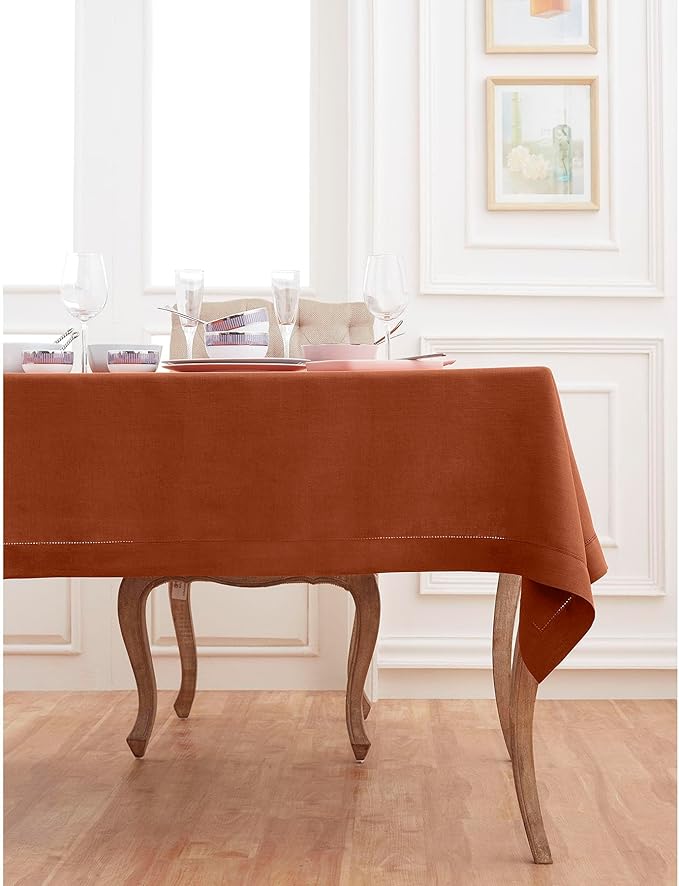 Solino Home Linen Tablecloth 60 x 156 Inch - Classic Hemstitch 100% Pure Linen Cinnamon Table Cloth for Rectangle Tables - Machine Washable Tablecloth for Fall, Autumn, Thanksgiving