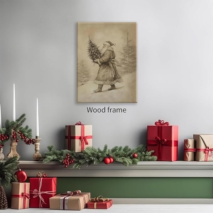 Santa Claus Sketch Poster Vintage Christmas Tree Wall Art 08x10 inch Framed Antique Winter Landscape Canvas Pictures Cozy Holiday Wall Decor