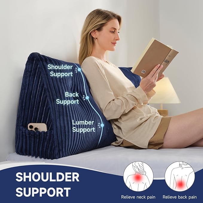 Z-hom King Headboard Pillow, Triangular Wedge Reading Pillow for Bed or Sofa, Ergonomic Backrest Cushion for Sitting Up, Reading or Relaxing, with Side Pocket，Removable Washable Cover,Blue