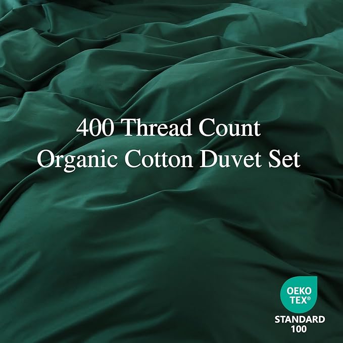 100% Organic Cotton California King Duvet Cover 400 Thread Count Percale 104x98 Inches Sateen Comforter Cover Soft and Breathable Bedding Set 3 Piece（Dark Green,Cal King）