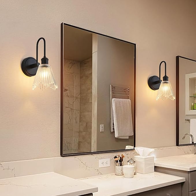 Wall Sconce Set of 2, Black Vintage Light Fixtures with Long Clear Glass Lampshade, Hardwired Sconces Wall Lighting for Bedroom, Bathroom, Living Room | Includes 2 LED Bulbs