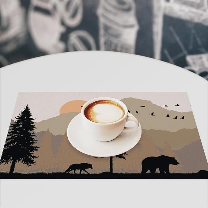 Rustic Animal Placemat Set of 6, 12x18 Inch Vintage Bear Deer Birds Wildlife Animal Aztec Forest Pine Tree Cabin Country Lodge Coffee Table Mats for Outdoor Kitchen Dining Table Decoration