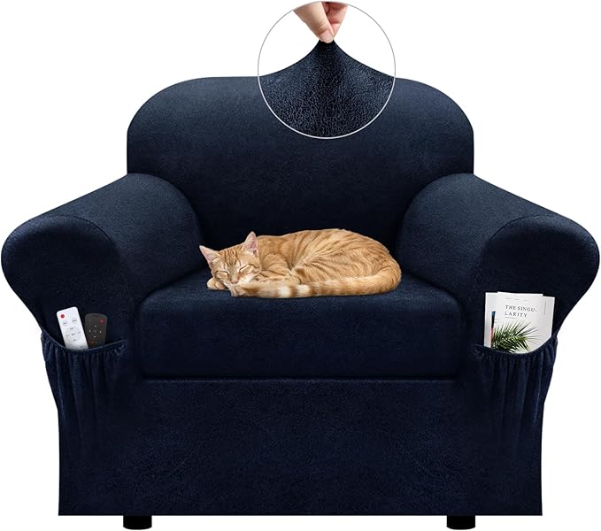 Chair Slipcover with Armrest Pockets 2-Piece Set, Stretch Faux Leather Chair Cover for Armchairs(Fits 31-45") - Non-Slip, Machine Washable, Pet & Kid Friendly - Navy