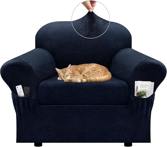 Chair Slipcover with Armrest Pockets 2-Piece Set, Stretch Faux Leather Chair Cover for Armchairs(Fits 31-45") - Non-Slip, Machine Washable, Pet & Kid Friendly - Navy