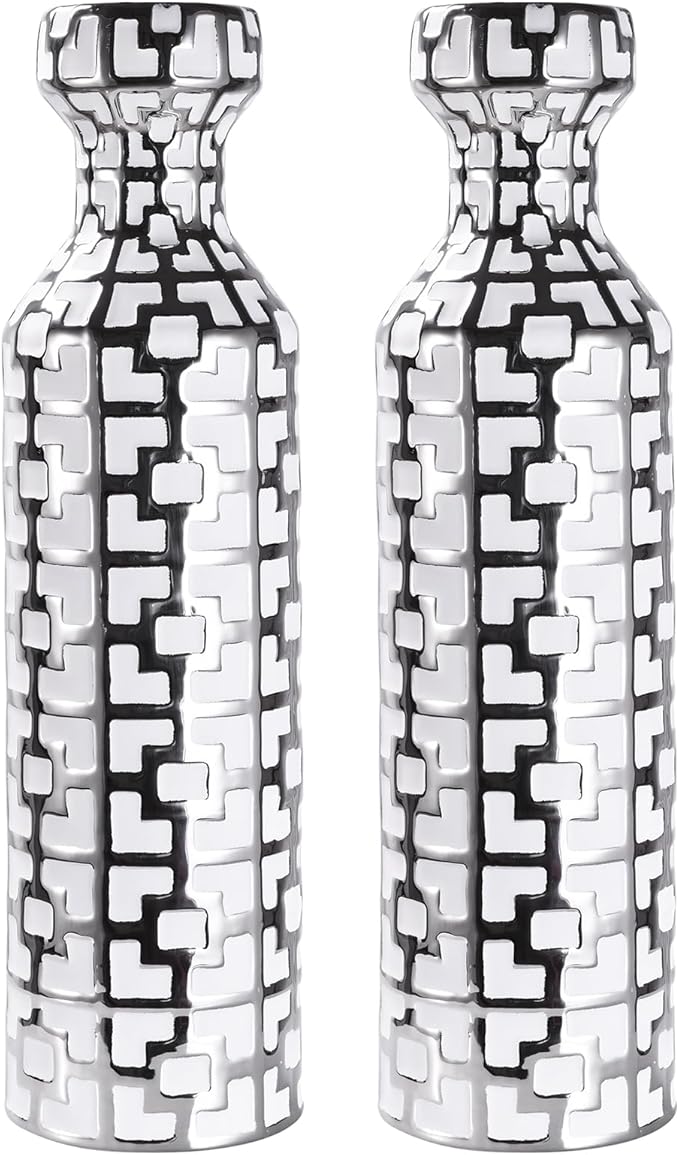 24.4 inch Tall Floor Vases Set of 2. White Vase with Silver Geometric Patterns, Ceramics Modern Flower Vases for Living Room, Entryway, Indoor/Outdoor Decor, Large Vase for Home Decor