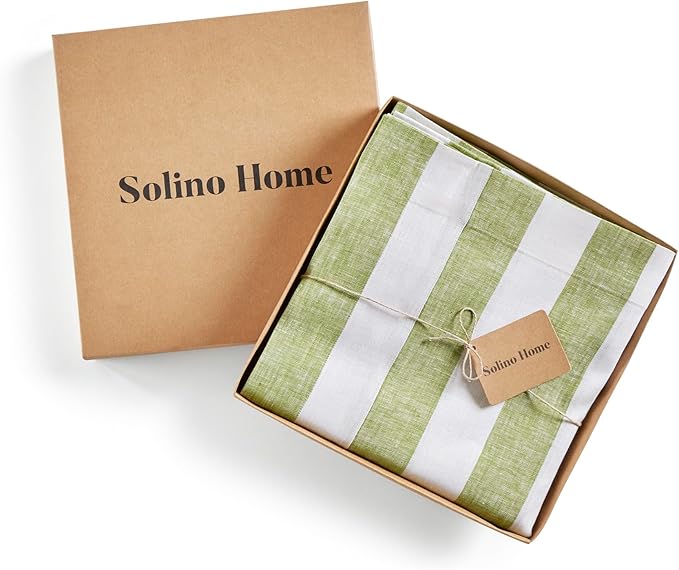 Solino Home Linen Striped Tablecloth 60 x 120 Inch - 100% Pure Linen Green and White Table Cloth for Rectangle Tables - Cabana Stripe, Machine Washable Tablecloth