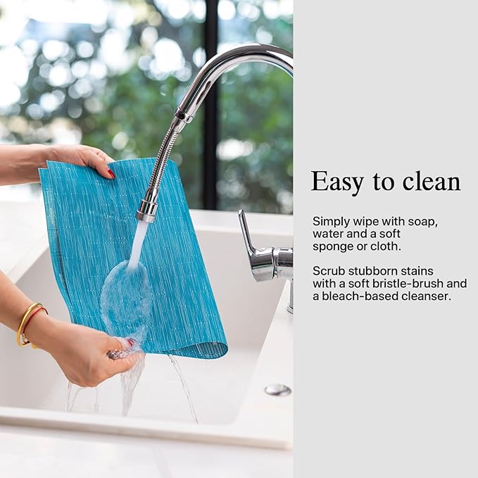 Placemats Set of 4 - Easy Clean Woven Vinyl Placemats for Dining Table, Indoor/Outdoor Place Mats, Washable PVC Table Mats（Teal Blue）