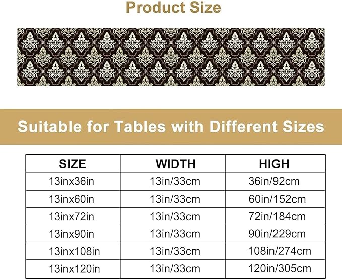 Victorian Vintage Damask Table Runner, Classic Luxurious Pattern Table Runner for Kitchen Dining Weddings Party Decor 13x36in