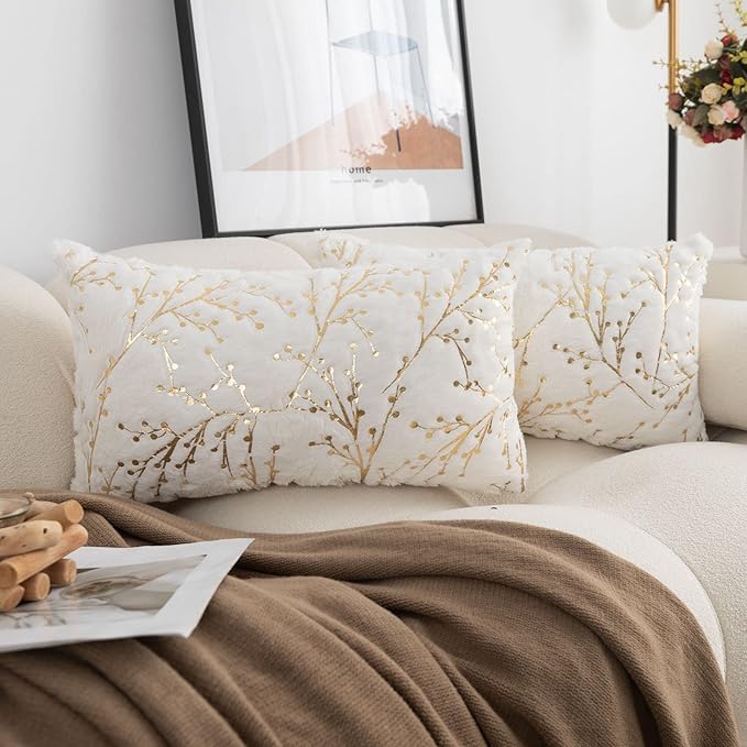LIGICKY Set of 2 Decorative Lumbar Pillows Fluffy White Fur Pillow Coves Gold Branches Glitter Throw Pillows Soft Furry Sparkling Rectangle Cushion Cases for Sofa Bedroom Party Décor 12x20inch